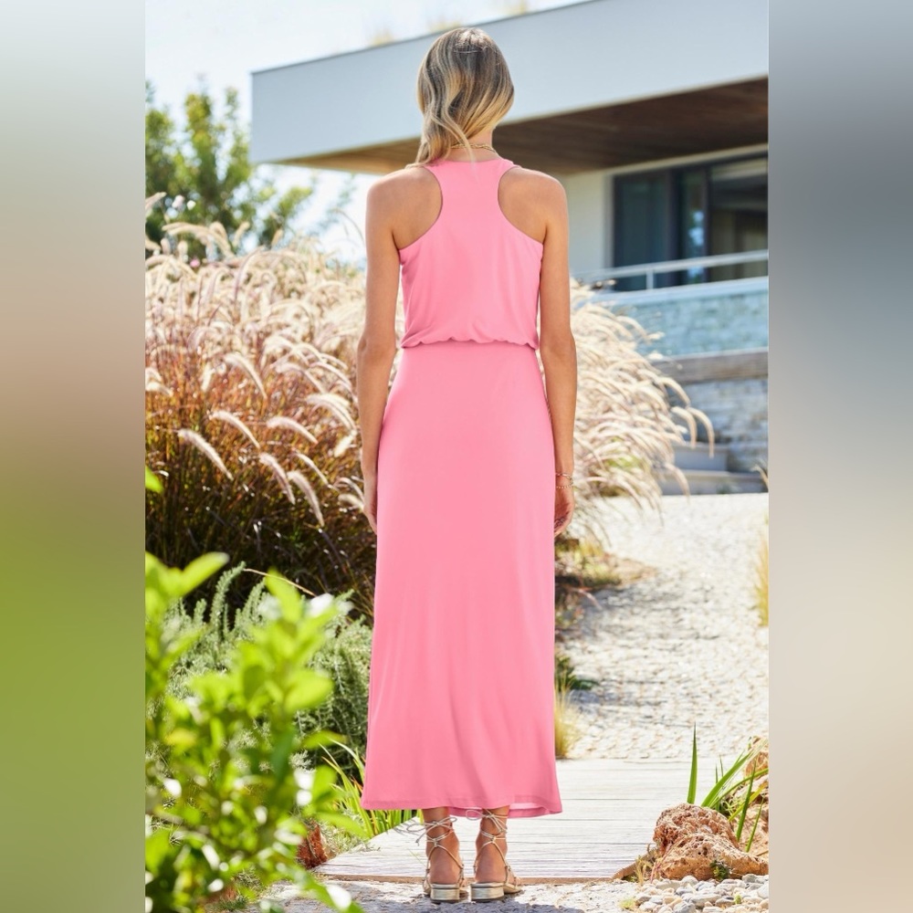 Boston Proper Tomato Red Scoopneck Blouson Slit Ankle Length Dress Sz L - Picture 5 of 9